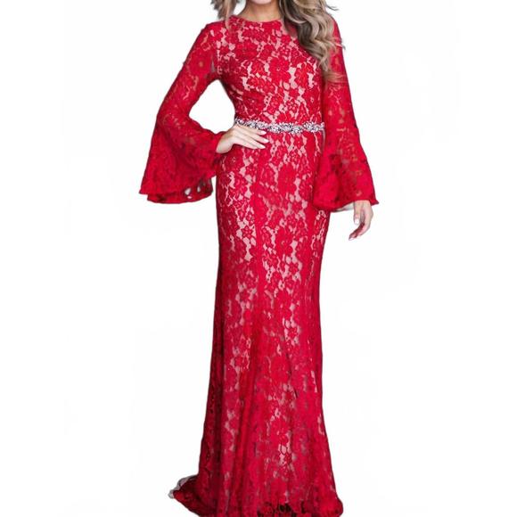 NEW JOVANI long bell sleeve crystal embellished belt lace...